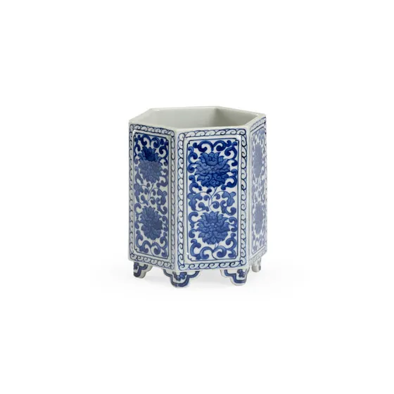 Hexagonal Blue and White Porcelain Cachepot by Chelsea House