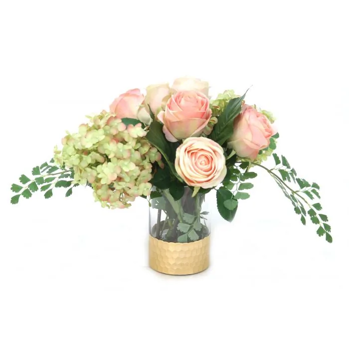 Green Rose Hydrangeas and Pink Champagne Roses by Distinctive Designs