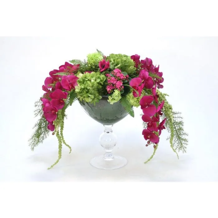 Orchid and Hydrangea Arrangement in Glass Compote by Distinctive Designs