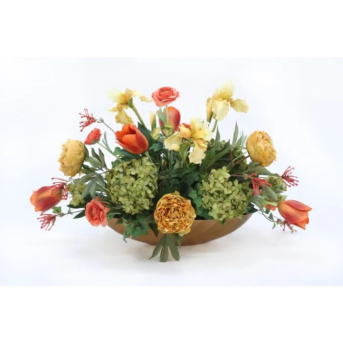 Hydrangeas with Peonies and Iris in Gold Oval Ritz Bowl by Distinctive Designs