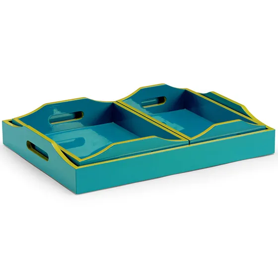Set of Three Nested Lacquer Trays in Teal by Wildwood
