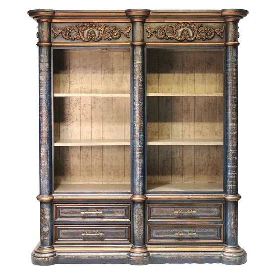 Carved Two-Bay Bookcase in Distressed Blue and Gilt by Peninsula