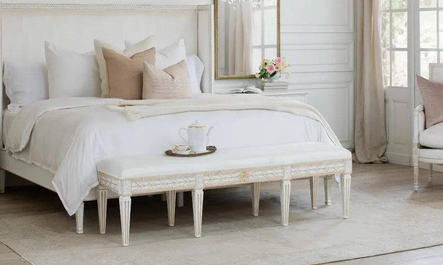 Anais Bench in Ivory Velvet and Antique White with Gold Leaf Finish by Eloquence