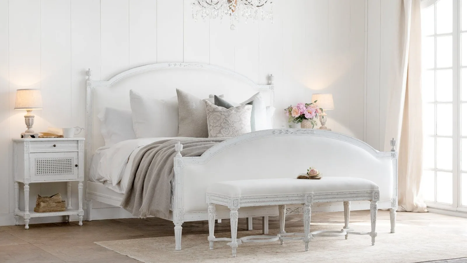 Constance Bench in White Linen and Weathered White Finish by Eloquence
