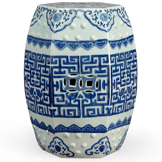 Blue and White Fretwork Garden Stool by Chelsea House