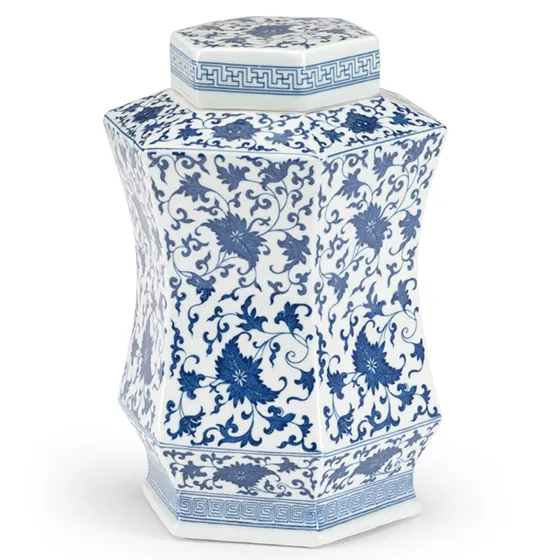 Blue and White Hexagonal Lidded Jar by Chelsea House
