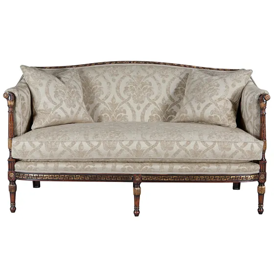 Carved Mahogany Settee in Damask by Theodore Alexander