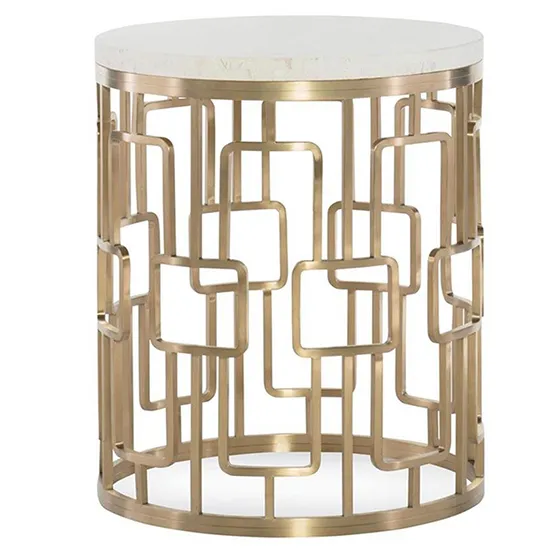 Brass Lattice Drum Side Table with Marble Top by Fine Furniture Design