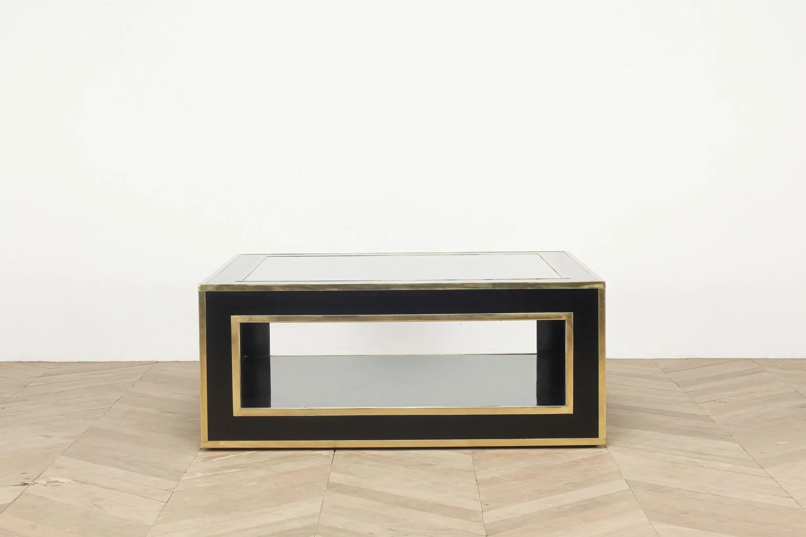 Black Lacquer and Brass Cocktail Table with Mirrored Top by Euroantique