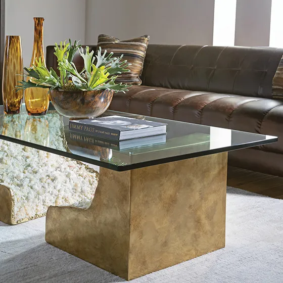 Glass-Top Cocktail Table with Brass Block Base by Lexington