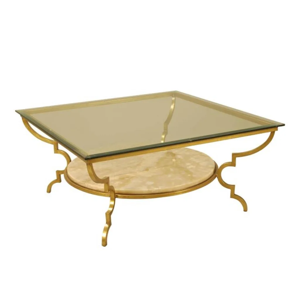Gilded Iron Cocktail Table with Glass Top and Marble Shelf by Maitland-Smith