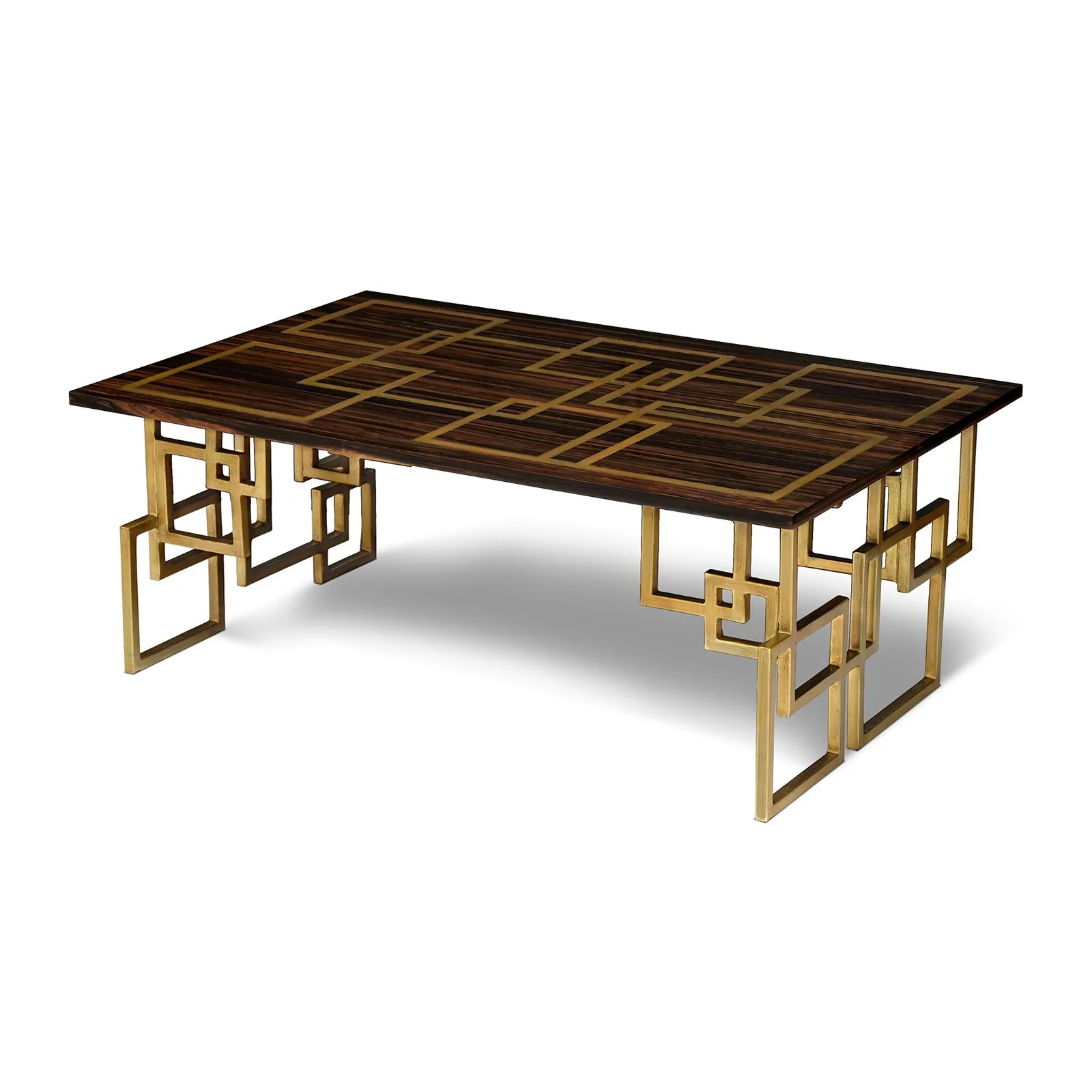 Parquetry Cocktail Table with Geometric Brass Base by Scarborough House